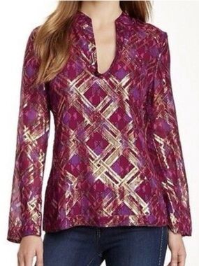TORY BURCH Pink & Gold Geometric Blouse Women’s Top